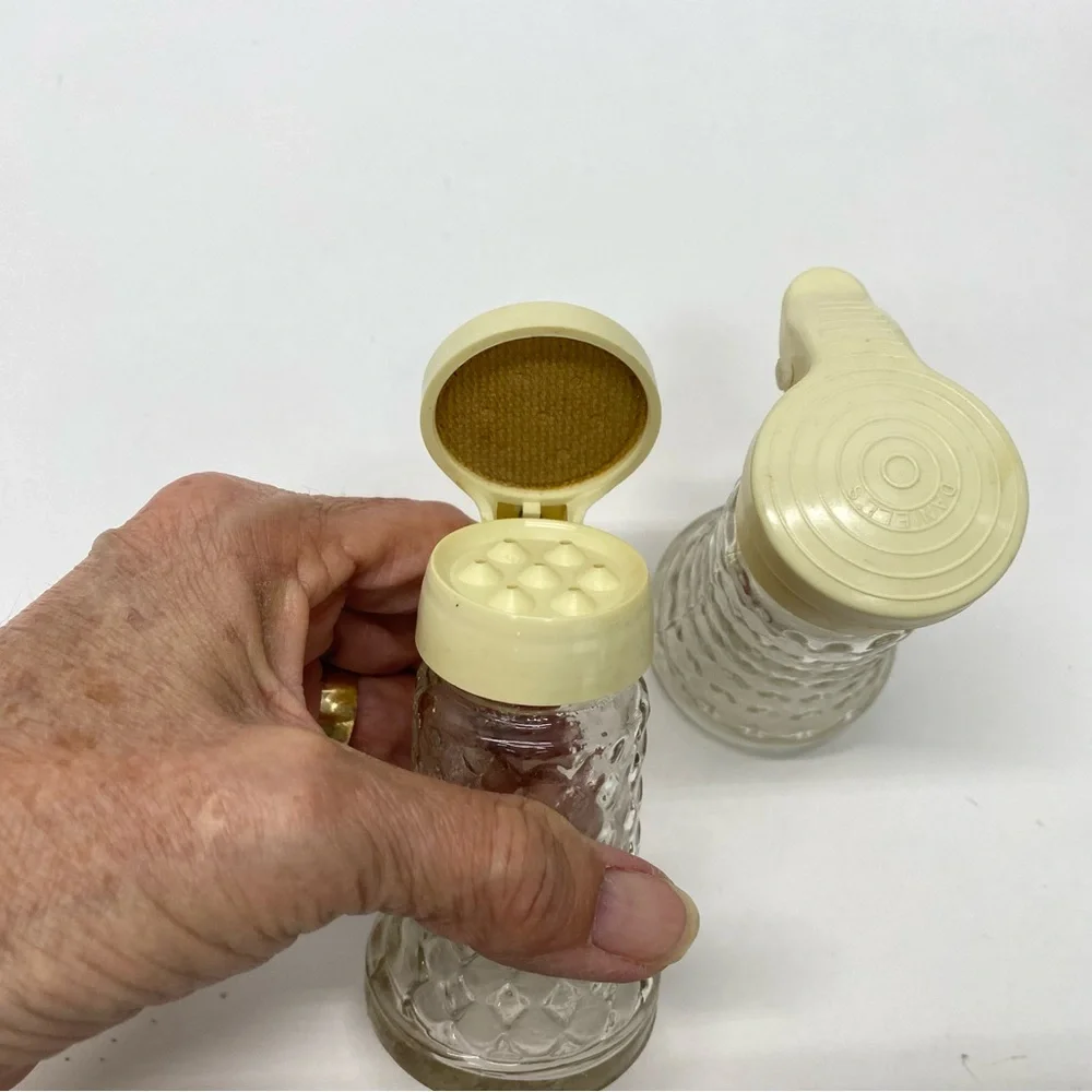 Vintage Daniells Salt and Pepper Shakers Set Beige Top Glass Bottom Plastic Tops